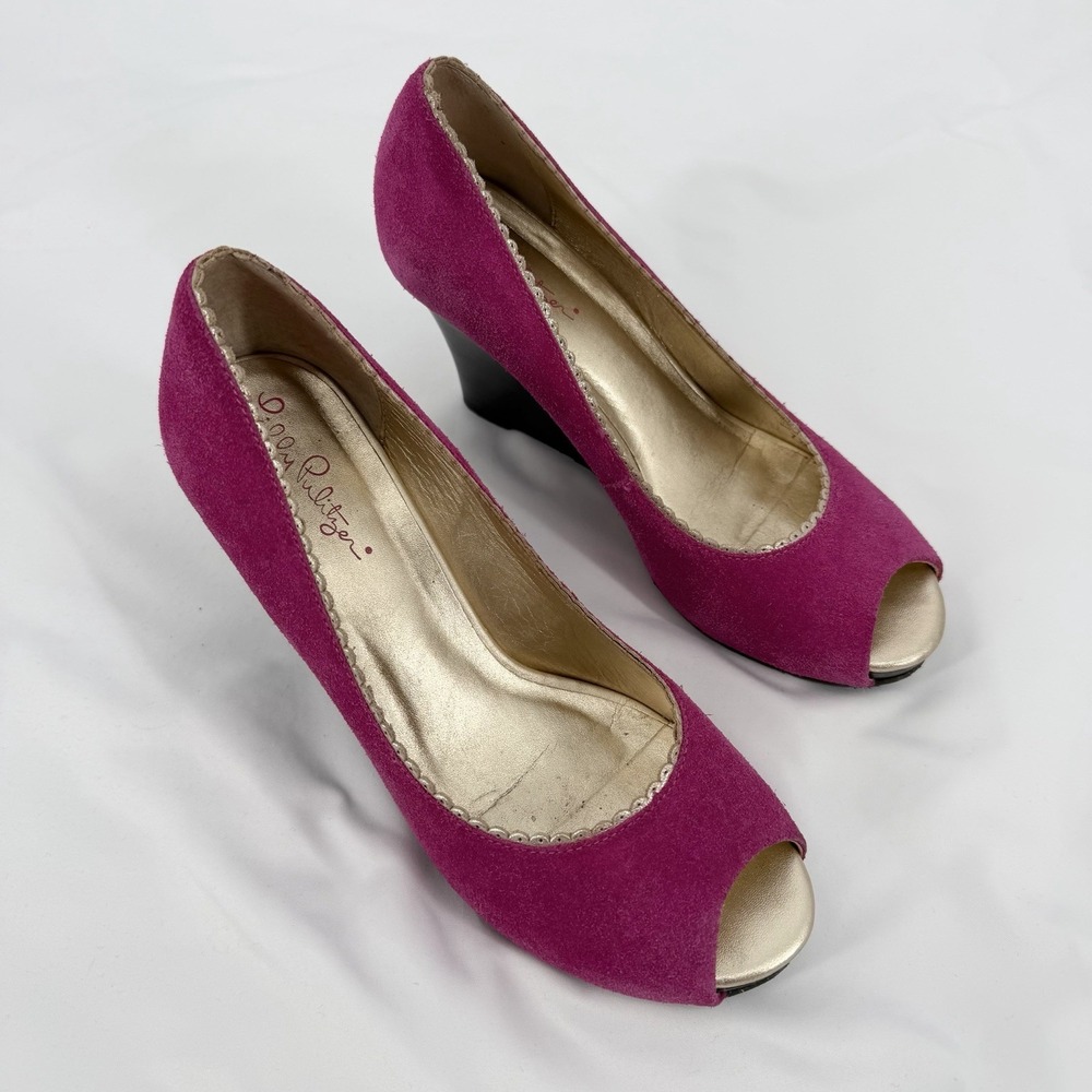 Lilly Pulitzer Sz 7.5 Hot Pink Suede Gold Trim Leather Wedge Heel Peep Toe Shoes